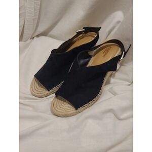 Crown Vintage Womens 9M Shanie‎ Black Wedge Sandals Peep Toe Slingback EUC